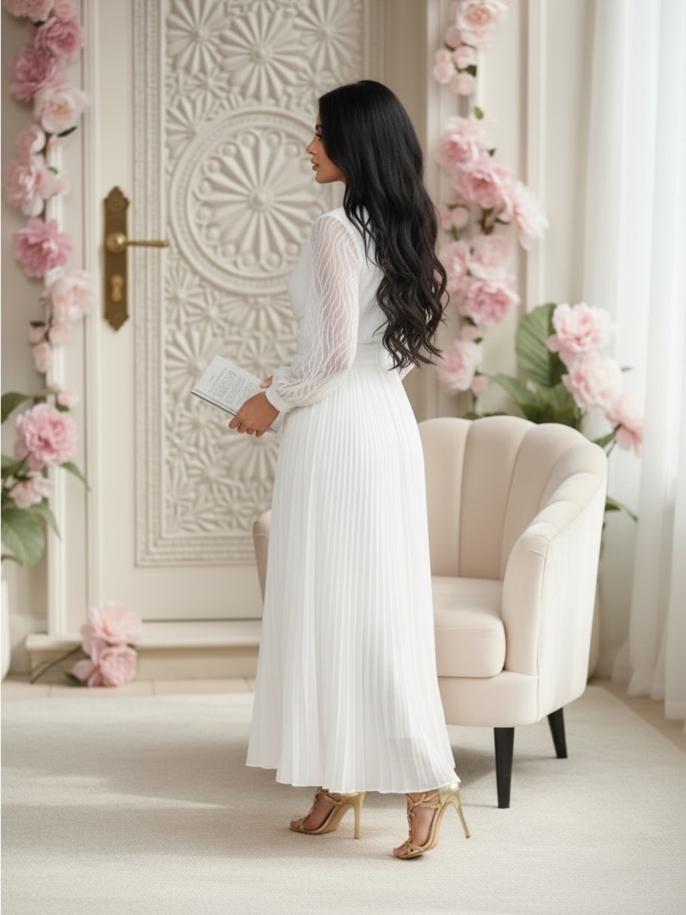 V-Neck White Pleated Maxi Dress with Sheer Long Sleeves - Picture 5 of 10
